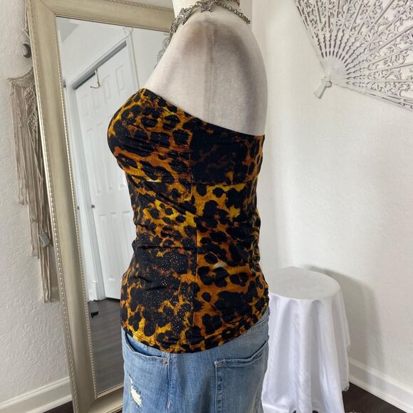 Early 2000’s Cinched Animal Print Black Gold Cheetah Glitter Tube Top M - Picture 4 of 7